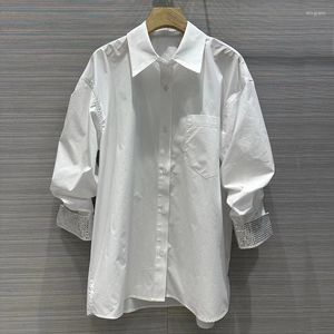 T-shirt da donna Moda fodera in rete Camicetta lunga asimmetrica manica tre quarti per donna Camicia ampia con polsini con diamanti di alta qualità