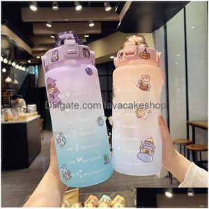 Water Bottles 2 Liter Large Capacity Motivational With Time Marker Fitness Jugs Gradient Color Plastic Bottle Frosted Stickers Cup 2 Dhpjg