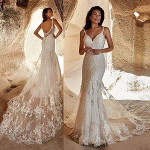 Elegant Wedding Dress Mermaid Spaghetti Straps Backless Bride Vestido Lace Appliques Sleeveless Custom Made