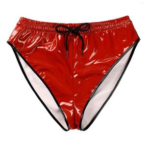Külotlar erkek iç çamaşırı özeti seksi moda kırmızı katı çizim elastik bel patent patent deri şort gece kıyafeti eşcinsel erkek bikini külot