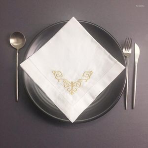 Bow Ties Set Of 12 Handkerchiefs Table Napkins White Hemstitched Linen Fabric Cloth Dinner Napkin Gold Embroidery Floral 18x18/20x20-inch