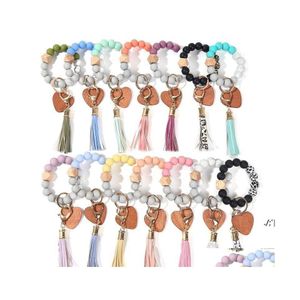 Outros suprimentos de festa festiva 14 cores Dia dos namorados Love Wood Chip Sile Bread Bracelet Keychain Favor Wristlet Tasel Tassels Otv63