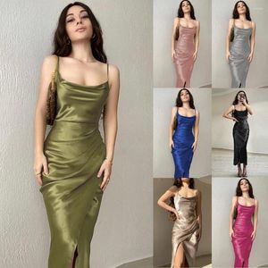 Casual Dresses 2022 European And American Spice Girl Style Sexy Low Breast Satin Split Strap Dress