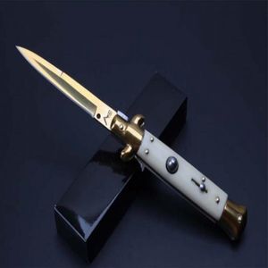 promotion 9 inch Italian antique jumping knife Mafia ivory 440C white handle gold sword blade Self-defense Tactical knife out292q