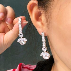 Luxury Long Stud Charm Flowers Bridal Earrings for Wedding Diamond Silver Designer Earring for Woman Imitation Pearl AAA Cubic Zirconia Womens Engagement Jewelry