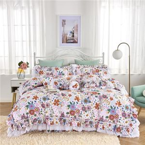 Bettwäsche-Sets Prinzessin Spitze Rüschen Blumenstickerei Koreanischer Rock Set Baumwolle Ropa de Cama Kissen Sham Bettbezug Parure Lit