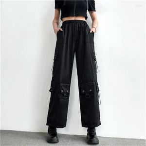 Pantaloni da donna stile gotico streetwear donna gamba larga nera vita elastica entrambe le tasche laterali accessori catena di corda tendenza hip hop