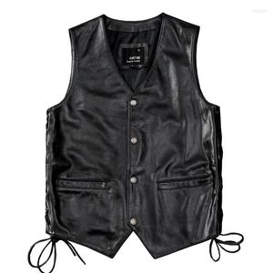 Gilet da uomo Gilet da moto in vera pelle da uomo di alta qualità Motor Biker Wasitcoat Giacca senza maniche in vera pelle di vacchetta nera Lace Up Slim Fit