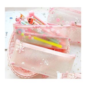 Pencil Cases Transparent Case Kawaii Bags School Supplies Cherry Blossom Matte Japanese Stationery Cute Pen 5462 Q2 Drop Delivery Of Ot8Vy