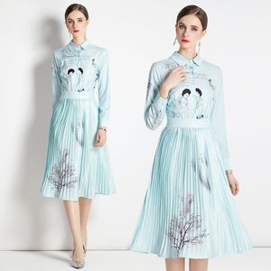 Boutique Womens Pleated Dress 2023 Spring Autumn Printed Dress High-End Long Sleeve Lady Retro Dress Ol Temperamant Dresses