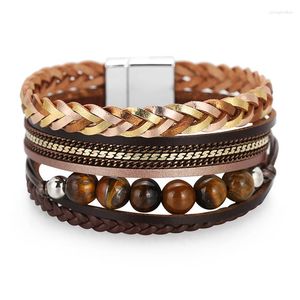 Bracciale rigido da donna con bordo largo multistrato in pelle ad alto senso, stile nazionale bohémien, atmosfera elegante