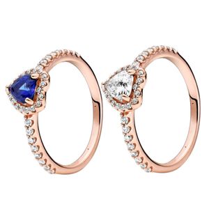 Сверкающее возвышенное сердечное кольцо 18K Розовое золото с оригинальной коробкой для Pandora Real Sterling Silver Wedding Jewelry для женщин Girls Blue Green Cz Riamond Ringage