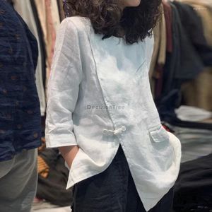 エスニック服 2022 中国シャツスタイル綿とリネンレトロカジュアル春夏ルーズ女性の袍ボタンブラウストップ G416