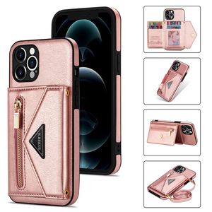 PU Card Slot Mobile Phone Cases Zipper Wallet Handbag Phone Case With Shoulder Strap For iPhone 14 13 12 11 Pro Xs Max Xr 6 7 8 Plus Samsung S22 S21 Ultra