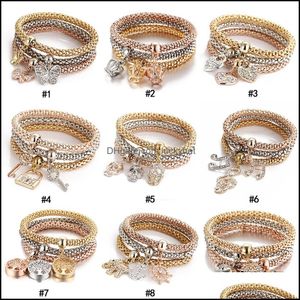 Bracelets Charm 3pcs/set Crystal Owl Crown Heart Elefante Elefante Skl M￺sica Notas Butterfly Key Lock Tree of Life Bangle Jewelry Oti37