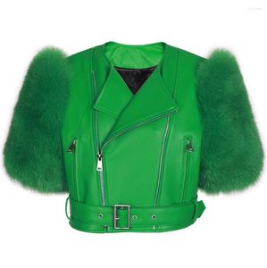 Kvinnors l￤der 2023 Autumn Ladies Real Fur Jacket Kort ￤rm ￤kta topp