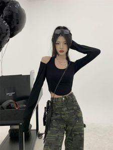 女性のTシャツシャツ女子オフショルダーティー韓国のソリッドトップ長袖のレディース服日焼け止めプレッピースタイルボトムTシャツ