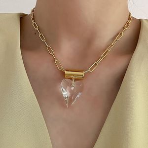 Choker Srcoi Vintage Clear Glass Heart Pendant Necklace Safety Pin Link Chain Love Charms Clavicle for Women Party