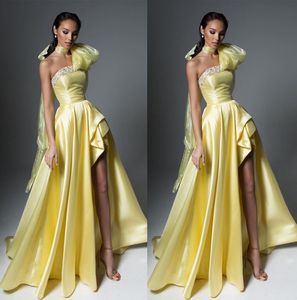 Classic Yellow Prom Dresses Strapless Party Dresses Sequined Split Ruffles Graceful Custom Made Evening Dress