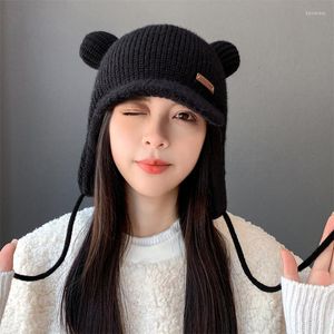 Berretti a sfera Foux Bomber Hats Winter Women Knit Thick Warm Earflaps Cute Bear Ears Design Trooper Ushanka Russian Cap Lacing Strap