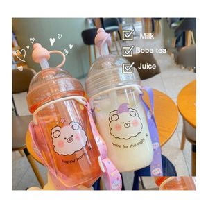 Garrafas de água Kawaii Bubble Milk Tea Bottle with ST Strap for Girls Kids Cute Plástico Portátil Juice Boba Drink Copos BPA 560ml Drop Ot5mh