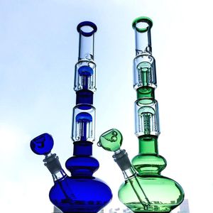 Becherglas-Bongs, Wasserpfeifen, Doppelschicht-Arme, Baum-Perc-Dab-Öl-Rig, gerade Glas-Bong, diffuser Downstem, hoch GB1218, grün, blau gefärbt