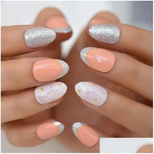 False Nails 24Pcs Glitter Daisy Flowers Detachable Short Almond Fake With Designs French Artificial Press On Nail Tips Drop Delivery Dhxje