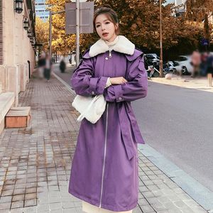 Kadın Trençkotları Kış Kadın Ceket Mor Takım Pasta Uzun Korece Gevşek Artı Kadife Kalın Kalıp Astar Günlük