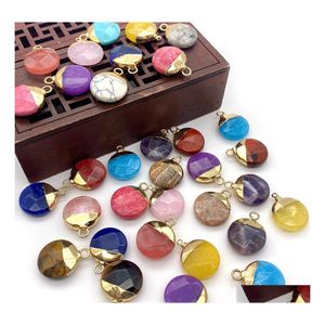 Arts And Crafts 15X19Mm Gold Edge Natural Crystal Round Flat Stone Charms Rose Quartz Turquoise Pendants Trendy For Jewelry Making S Dhcab