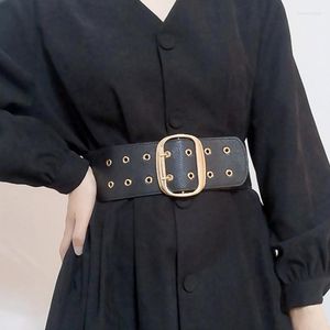 Belts Black Punk Double Pin Buckle Wide Belt Women Lady Fashion Elastic Nylon PU Leather Waistbands Coat Suit Decor Straps Cummerbund