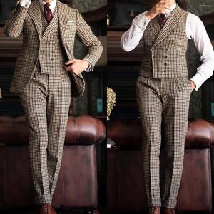 Męskie garnitury w kratę mężczyzn garnitur 3 sztuki 3 sztuki blezer veste Pants Tuxedo Single Beder Modern BusinessSlim Fit Deslay Groom PROMINE