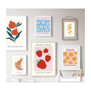 Målningar Stberry Fruit Flower Market Leaf Wall Art Canvas Målning Nordiska affischer och skriver ut bilder för vardagsrumsdekor Drop de Dhasz