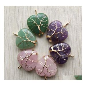 Artes e artesanato Natural Amethyst Stone Charms Tree of Life Wire Golden embrulhado Love Hearking Pingents for Jewelry Marking Sport Dhsve