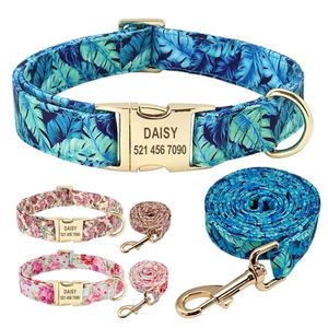 Personalized Floral Dog Collar and Leash Set Custom Small Medium Large Dog Pet ID Collar Lead Flower Print Dog Engraved Collars X02751