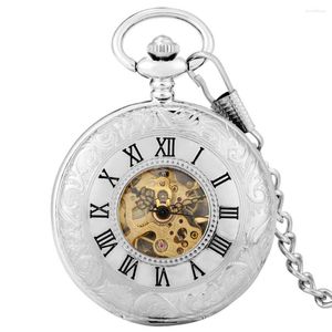 Pocket Watches Silver dubbelöppnad mekanisk klocka Handvind Romerska Dial Pendant Clock Flip Shield Design Back Cover Gift for Men Women