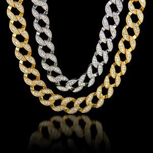 24k Real Gold Plack Miami Cuban Link esagerato Shiny Crystal Rhinestone Necklace Set Hip Hop Bling Hipster Men Chains 75Cm2096