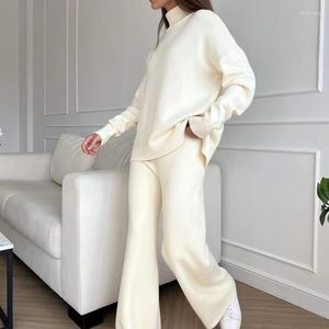 Women's Two Piece Pants Casual Women Autumn Winter Turtleneck Sweater Suit Knitted Side Slit Blouse Elastic Wide-leg 2 Sets Womens Outfits