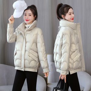 QNPQYX Winter Y2k Frauen Parkas Jacke Casual Stehkragen Glänzender Stoff Warmer Mantel Weibliche Mode Reißverschluss Dicke Baumwolle gefütterte Mäntel