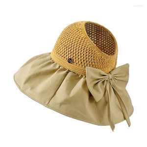 Breda randen hattar 2022 Summer Sun Hat For Women UV Protection Visors Outdoor Beach med Bow Large Cap Empty Top Bucket