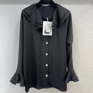 Camisas femininas Moda de cetim blusa preta sólida para mulheres de alta qualidade colarinho de camada dupla e punhos elegantes camisa elegante e elegante senhoras