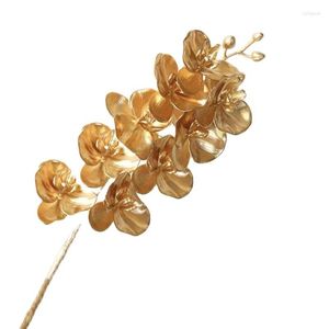Dekoratif çiçekler bir yapay altın renkli kelebek orkide çiçek şubesi plastik Phalaenopsis Düğün Çiçek Düzenlemesi için Güve