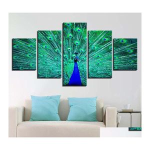 Other Home Decor Poster Hd Wall Artwork Modar 5 Panel Peacock Animal Modern Canvas Living Room Framework Printed Pictures Painting D Otq37