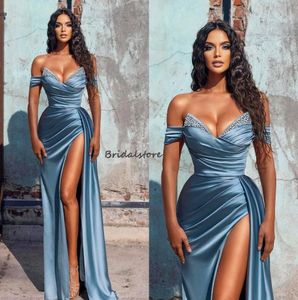 Afrikanisches staubiges blaues Meerjungfrau-Abendkleid mit Perlen, sexy Schatz-Hochschlitz-Abschlussballkleider für schwarze Mädchen 2023, Nachtpartykleid, Vestidos de Noche für besondere Anlässe