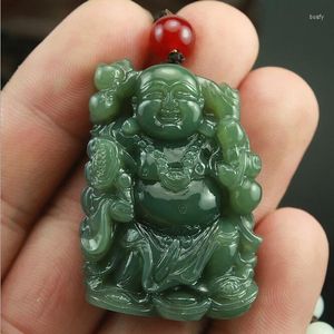 Halsketten mit Anhänger Natürliche handgeschnitzte chinesische Hetian-Jade - Halskette mit grün geschnitztem Buddha-Glücksamulett-Anhänger