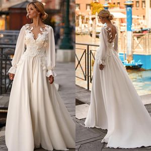 Elegant A-Line Wedding Dresses Sexy V Neck Long Sleeves Appliques Lace Bridal Gowns Custom Made Button Back Sweep Train Vestidos De Novia