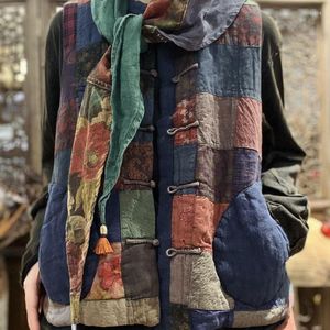 Kvinnors v￤star Autumn Winter Linen Kvinnor Vest Patchwork ￤rml￶s L￶st litter￤r vintage kvinnlig topp