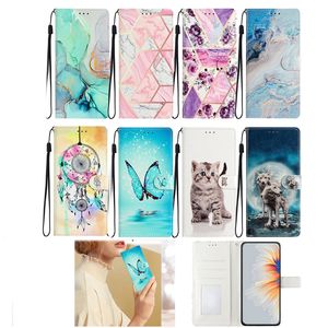 حالات محفظة جلدية هندسية رخامية لـ iPhone 15 14 Plus 13 12 11 Pro Max XR X 8 7 6 Geometry Flower Butterfly Cat Wolf Dreamcatcher Flip Cover Card Card Pouch