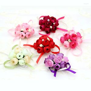 Fiori decorativi Grazioso 1pc Fiore da polso Nastro di seta rosa Corpetto da sposa Braccialetto da polso a mano Bracciale da damigella d'onore Fascia per clip Bouquet