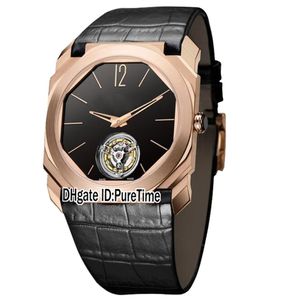 Nieuwe 42mm Octo Finissimo 102346 BGO40BGLTBXT Rose Gold Black Dial Tourbillon Automatic Mens Watch Black Leather Sports Watches Pure291W
