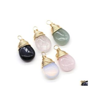 Konst och hantverk Natural Stone Charms Waterdrop Rose Quartz Black Green Opal Pendant DIY för armband halsband örhängen smycken makin dhmsa